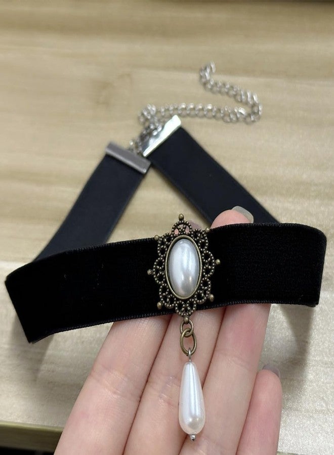 Dtja Vintage Black Velvet Choker Necklace for Women Gothic Victorian Crystal Charms Adjustable Chain Necklaces Retro Boho Dress Accessories Punk 80s 90s Christmas Halloween Cosplay Party Jewelry (Shell Pearl Drop) - Image 4