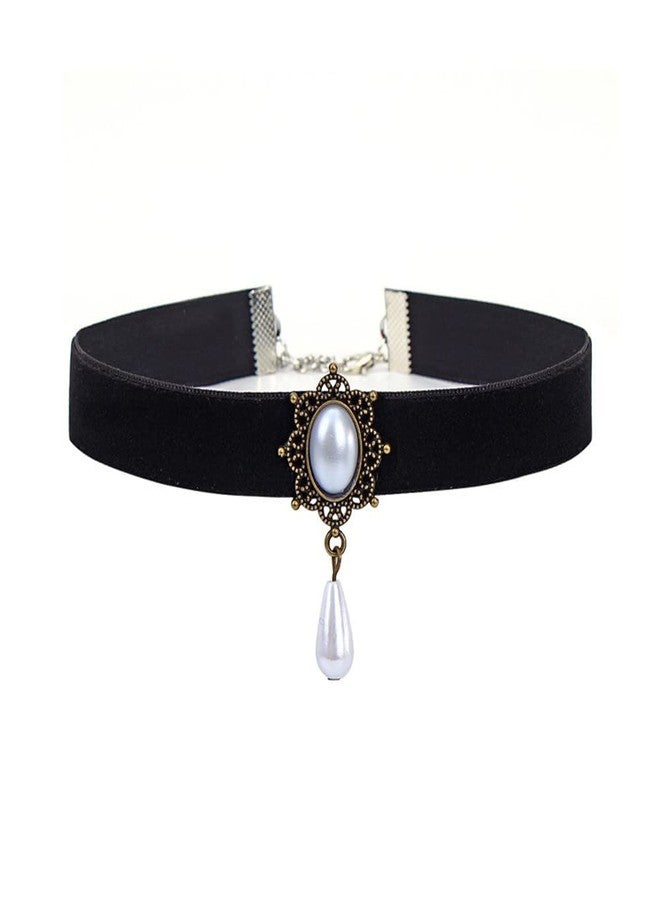 Dtja Vintage Black Velvet Choker Necklace for Women Gothic Victorian Crystal Charms Adjustable Chain Necklaces Retro Boho Dress Accessories Punk 80s 90s Christmas Halloween Cosplay Party Jewelry (Shell Pearl Drop) - Image 1