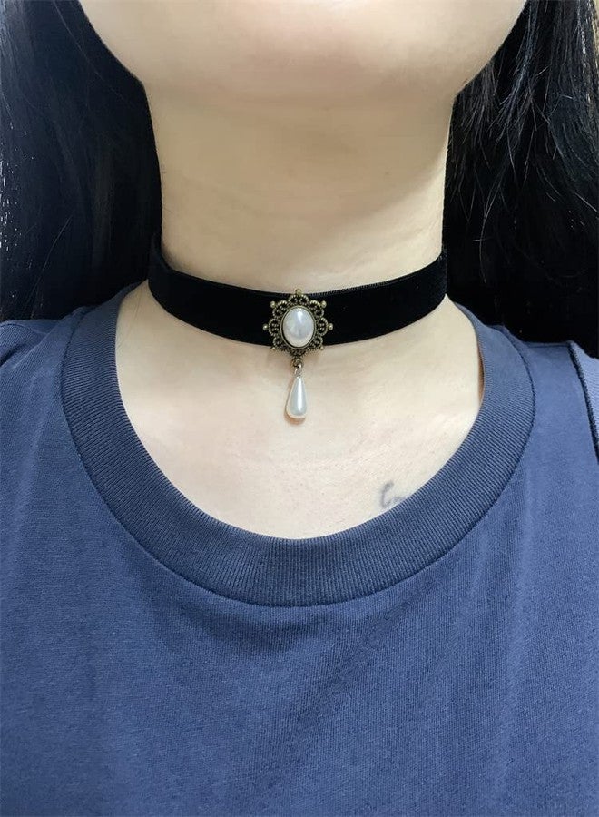 Dtja Vintage Black Velvet Choker Necklace for Women Gothic Victorian Crystal Charms Adjustable Chain Necklaces Retro Boho Dress Accessories Punk 80s 90s Christmas Halloween Cosplay Party Jewelry (Shell Pearl Drop) - Image 2