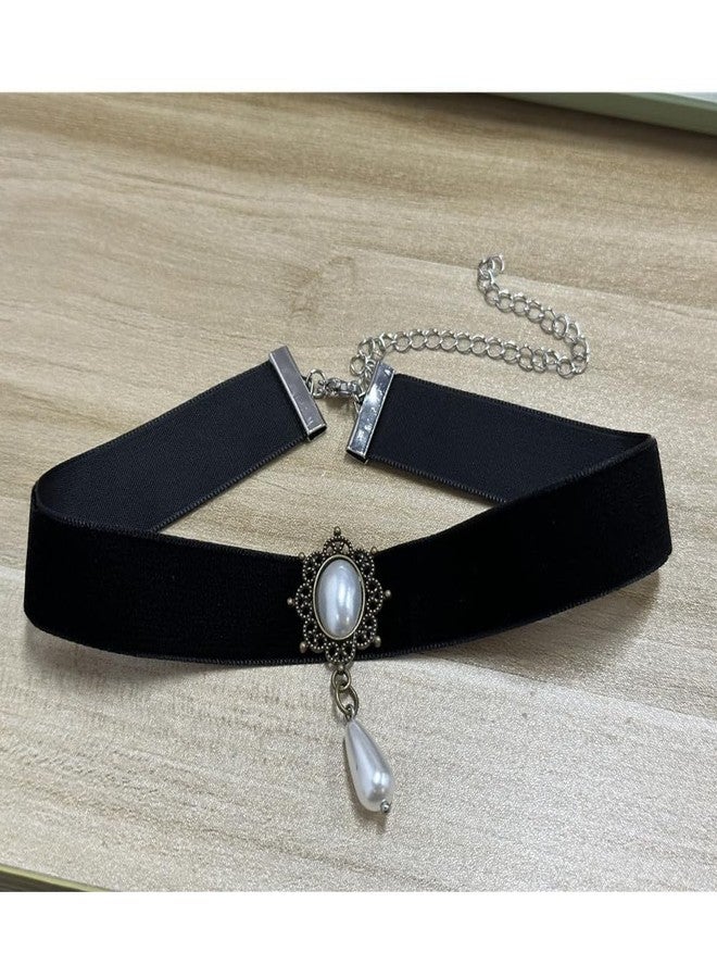 Dtja Vintage Black Velvet Choker Necklace for Women Gothic Victorian Crystal Charms Adjustable Chain Necklaces Retro Boho Dress Accessories Punk 80s 90s Christmas Halloween Cosplay Party Jewelry (Shell Pearl Drop) - Image 5