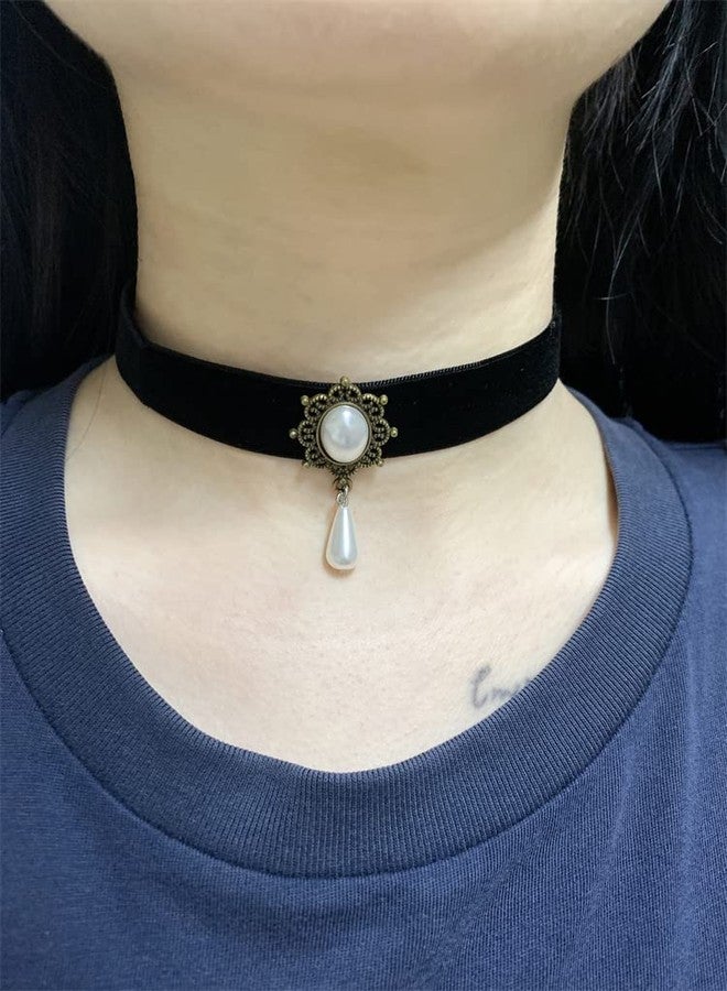 Dtja Vintage Black Velvet Choker Necklace for Women Gothic Victorian Crystal Charms Adjustable Chain Necklaces Retro Boho Dress Accessories Punk 80s 90s Christmas Halloween Cosplay Party Jewelry (Shell Pearl Drop) - Image 3