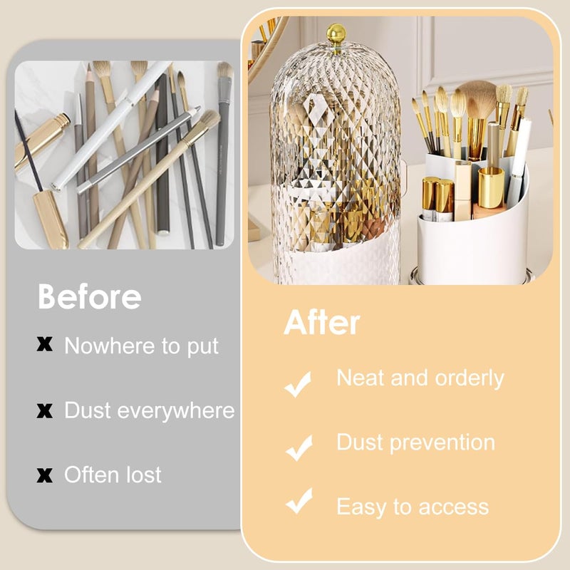 M'AYCREATE ® Makeup Brush Holder with Lid 360 Rotating Dustproof Cosmetic Tools Organizer Clear Skincare Storage for Vanity Desktop Bathroom Countertop White - Image 5