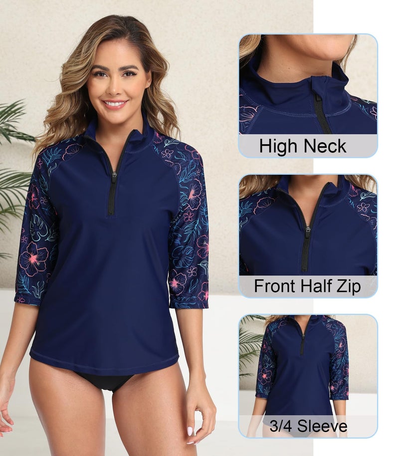 Halcurt Women's 3/4 Sleeve Rash Guard Swimsuit Top High Neck Half Zip Swim Shirt Only UPF50+ Quick Dry Bathing Suit Floral L - Image 5