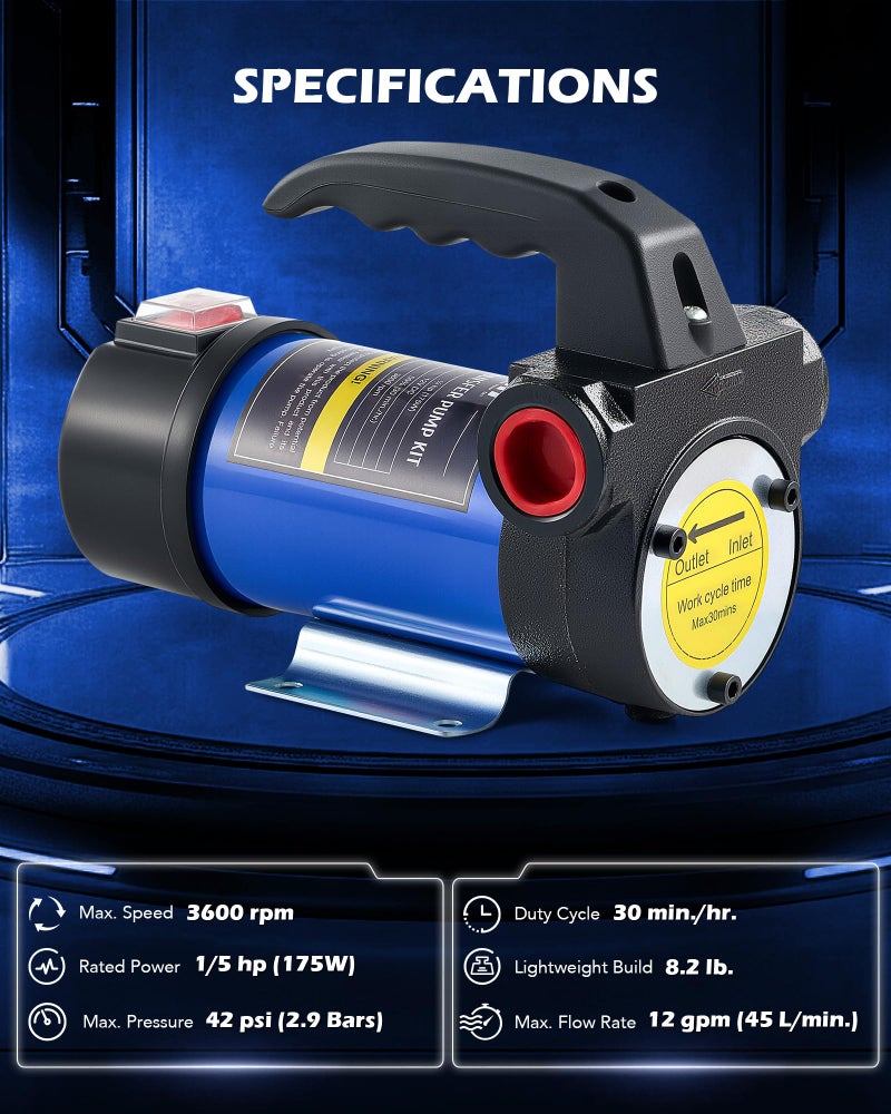Orion Motor Tech Diesel Transfer Pump, 12V Fuel Transfer Pump, 12 gpm Portable Electric Fuel Pump for Oil Change, Automotive Marine Self Priming Oil Extractor Pump Suction Pump for Cars Boats Mowers - Image 2