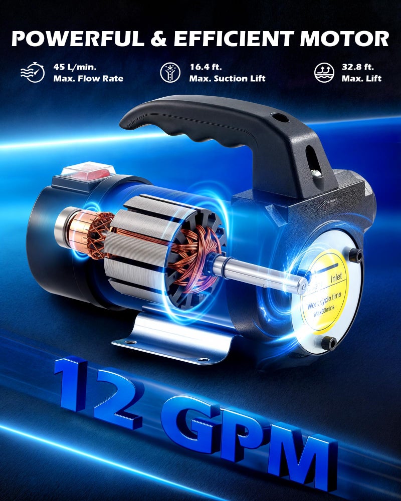 Orion Motor Tech Diesel Transfer Pump, 12V Fuel Transfer Pump, 12 gpm Portable Electric Fuel Pump for Oil Change, Automotive Marine Self Priming Oil Extractor Pump Suction Pump for Cars Boats Mowers - Image 4