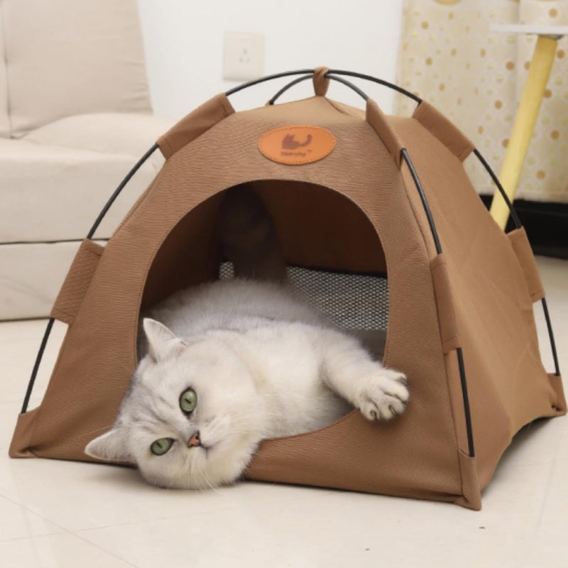 Cat House Dog Bed, Cat Cave Nest Soft Warm Puppy Tent with Removable Washable Cushion Cute Pet House for cat and dog (Brown, Tent) - Image 1