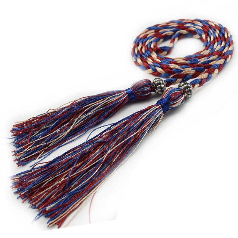 Braided Tassel Belt Ladies Skinny Butterfly Knot Khaki wine red blue 