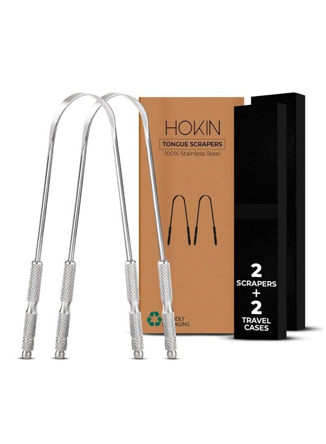 HOKIN Tongue Scraper for Adults by (2Pcs Oral Care Pack) Stainless Steel Tongue Cleaners Reduce Bad Breath 100% Metal Tough Scrapers Men and Women Hygiene Product - Image 1