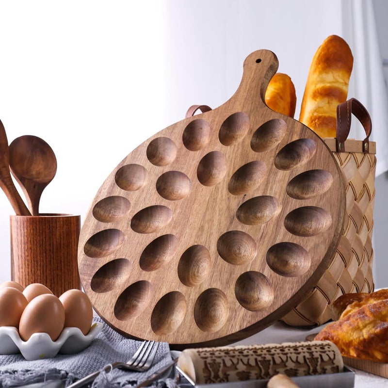 Reversible Deviled Egg Tray Multi-Holes Round Egg Platter Thickened Wooden Egg Holder Serving Tray Charcuterie Board for Kitchen - Image 3