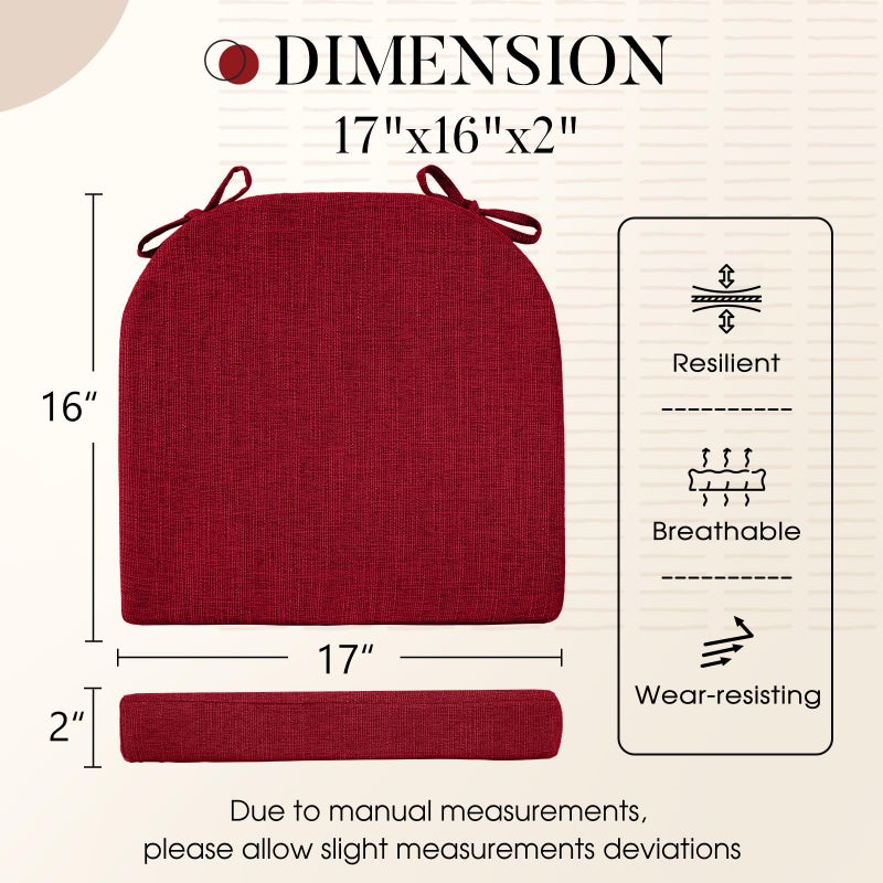 Basic Beyond Chair Cushions for Dining Chairs with Ties and Removable Cover, 2" Thick Seat Cushions for Kitchen Chairs, Set of 4, 17" x 16", Red - Image 2