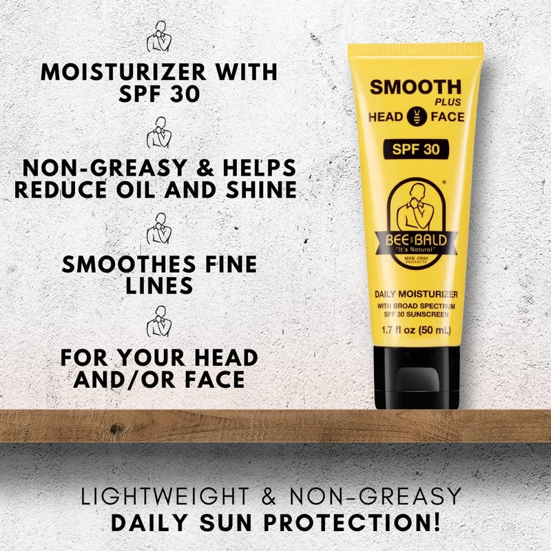 Bee Bald مرطب Bee Bald SMOOTH PLUS للرأس والوجه مع واقي شمس SPF 30 لحماية البشرة من أشعة UVA/UVB الضارة مع الترطيب والتغذية والتنعيم، 1.7 أونصة سائلة - Image 2