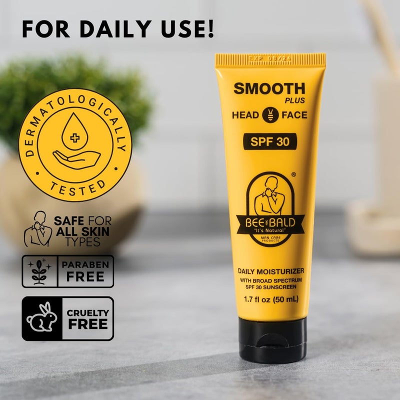 Bee Bald مرطب Bee Bald SMOOTH PLUS للرأس والوجه مع واقي شمس SPF 30 لحماية البشرة من أشعة UVA/UVB الضارة مع الترطيب والتغذية والتنعيم، 1.7 أونصة سائلة - Image 4