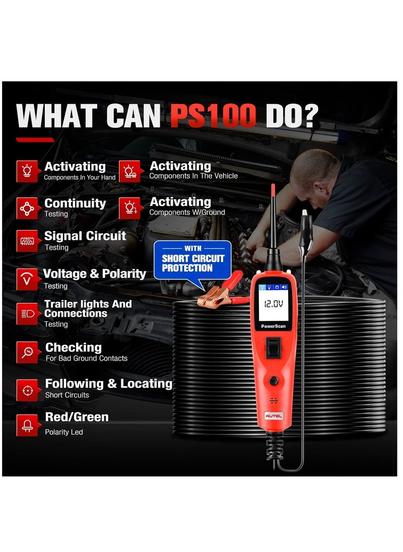 أوتل مكن لجهاز Autel PowerScan PS100 تشخيص ضوء الاختبار والمصباح المدمج ومؤشر الدائرة القصيرة وجهاز اختبار التتابع/المكونات وجهاز اختبار الاستمرارية ومؤشر الأرض السيئة لأكثر من 80 مركبة أمريكية وآسيوية وأوروبية  - Image 3