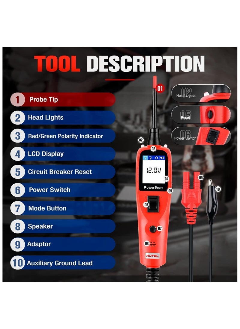 أوتل - مكن لجهاز Autel PowerScan PS100 تشخيص ضوء الاختبار والمصباح المدمج ومؤشر الدائرة القصيرة وجهاز اختبار التتابع/المكونات وجهاز اختبار الاستمرارية ومؤشر الأرض السيئة لأكثر من 80 مركبة أمريكية وآسيوية وأوروبية - Image 1