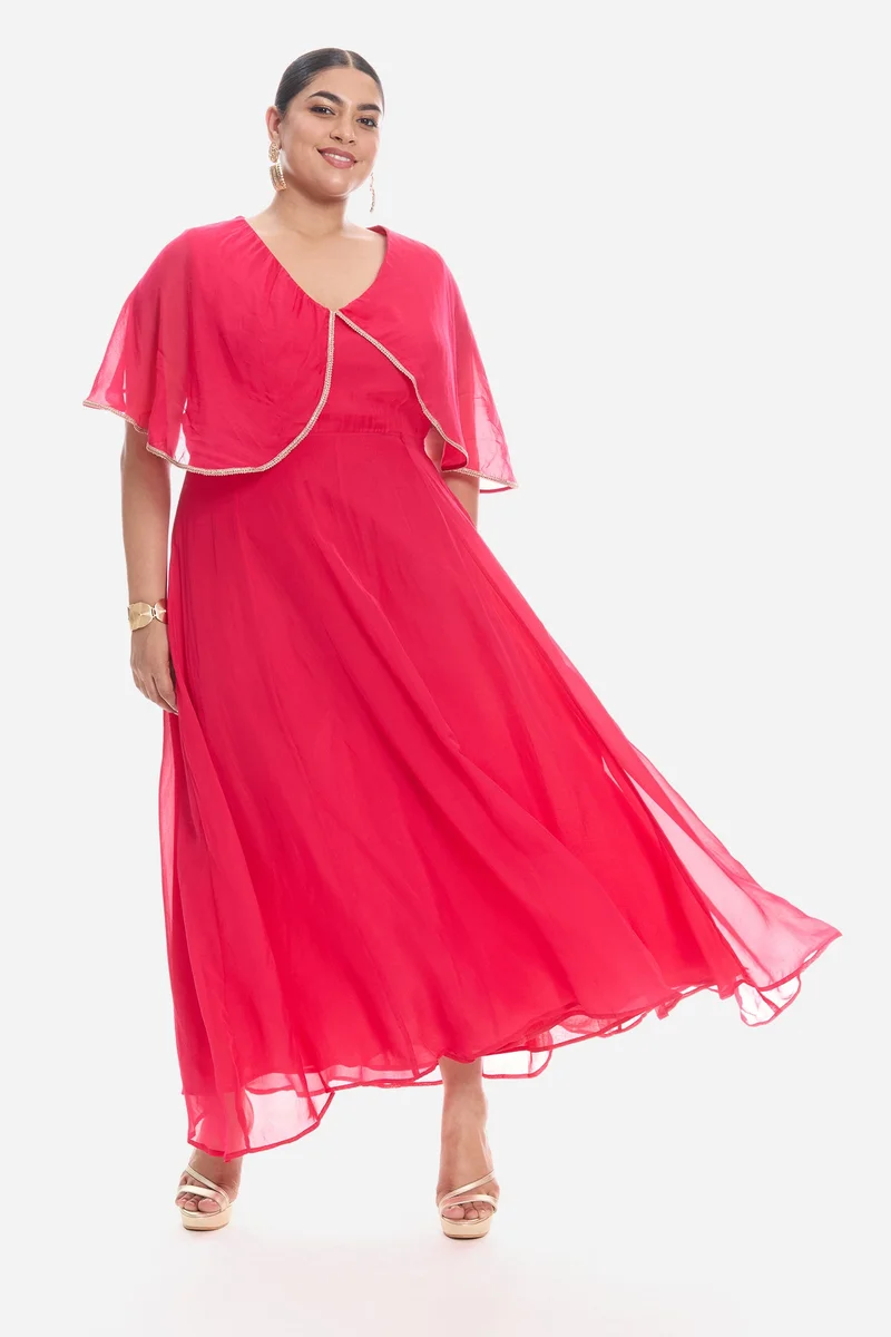 Virgio Solid Viscose V Neck Laced Cape Plus Size Dress for Women