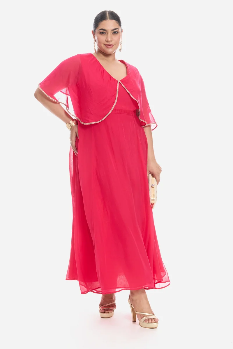 Virgio Solid Viscose V Neck Laced Cape Plus Size Dress for Women