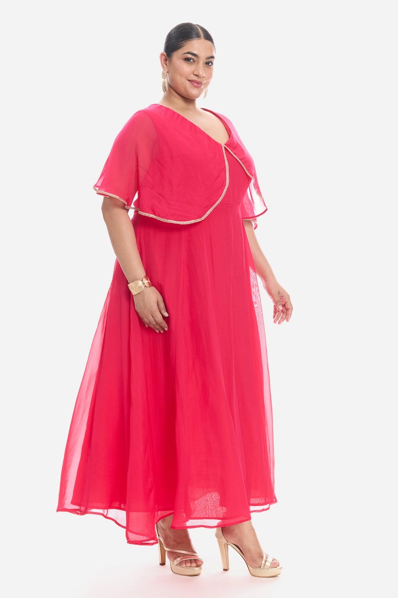 Virgio Solid Viscose V Neck Laced Cape Plus Size Dress for Women - Image 4