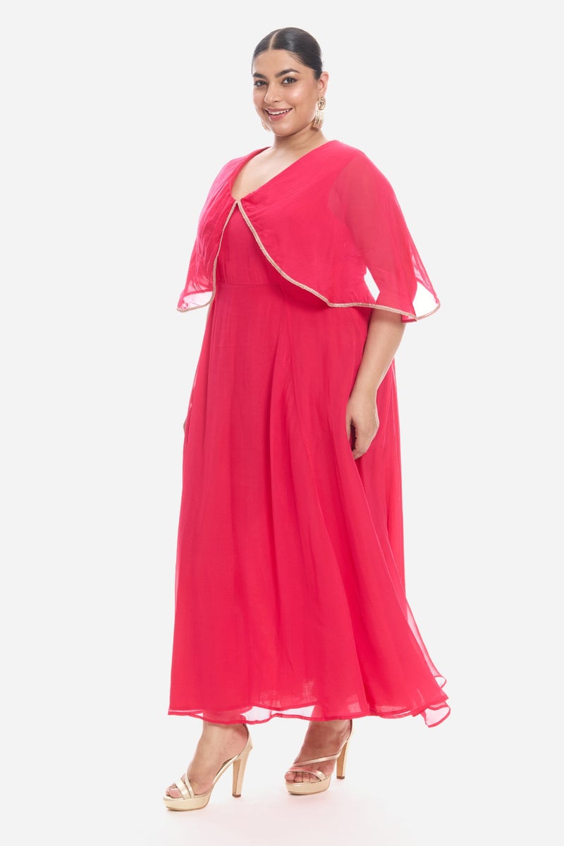 Virgio Solid Viscose V Neck Laced Cape Plus Size Dress for Women - Image 3