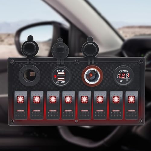 Geloo 8 Gang Marine Rocker Switch Panel, Boat Switch Panel Waterproof, 12V Switch Panel Toggle Switches Panel with LED Circuit Breaker 3.1A USB Charger Voltmeter ON/Off for Car Rvs Vehicles (Red) - Image 2
