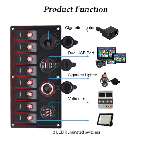 Geloo 8 Gang Marine Rocker Switch Panel, Boat Switch Panel Waterproof, 12V Switch Panel Toggle Switches Panel with LED Circuit Breaker 3.1A USB Charger Voltmeter ON/Off for Car Rvs Vehicles (Red) - Image 4