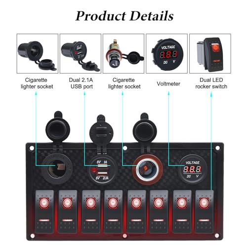 Geloo 8 Gang Marine Rocker Switch Panel, Boat Switch Panel Waterproof, 12V Switch Panel Toggle Switches Panel with LED Circuit Breaker 3.1A USB Charger Voltmeter ON/Off for Car Rvs Vehicles (Red) - Image 3