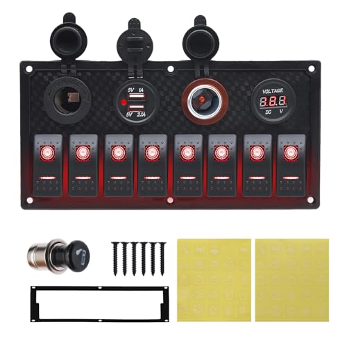 Geloo 8 Gang Marine Rocker Switch Panel, Boat Switch Panel Waterproof, 12V Switch Panel Toggle Switches Panel with LED Circuit Breaker 3.1A USB Charger Voltmeter ON/Off for Car Rvs Vehicles (Red) - Image 1