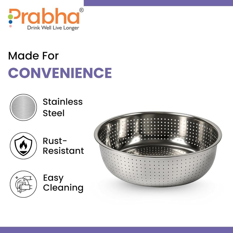 Prabha Colander Stainless Steel Strainer Sieves 30cm | Kitchen Strainer with Handle-Essential Kitchen | Colanders Bowl, Basket | Colander for Rice Straining Washing Fruits, Vegetables, Silver - Image 5