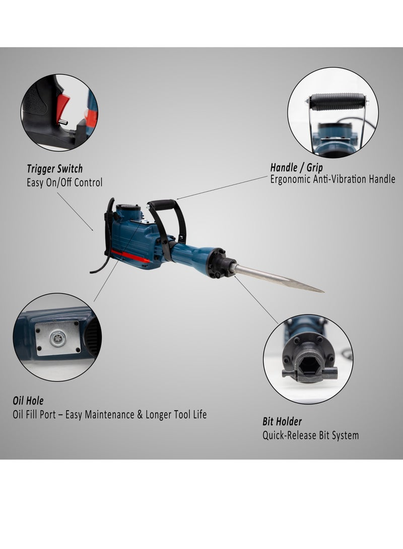 بوناي مطرقة هدم كهربائية قوية 2200 واط، سرعة دوران 1400 دورة في الدقيقة بدون تحميل، مقبض مضاد للاهتزاز، هيكل معدني متين، مثالية لأعمال البناء والبناء - طراز BN-HK98 - Image 4