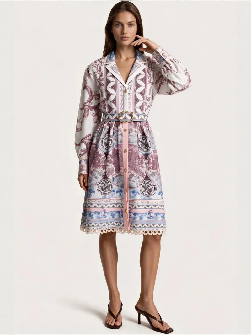 Geometric Belted Shirt Dress