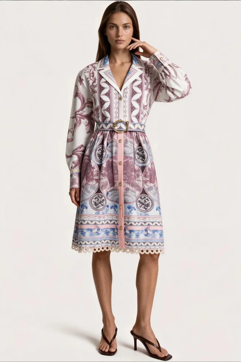 جينيفر Geometric Belted Shirt Dress