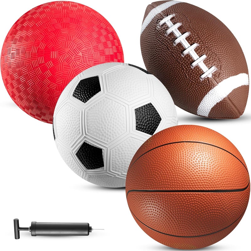 PlayBolt 8.5” Sports Balls for Kids & Toddlers - (Pack of 4) Rubber Inflatable Multi-Sport Ball Set - Football, Soccer Ball, Basketball, Playground Ball & Pump - Birthday Gift Toys for Boys & Girls - Image 1