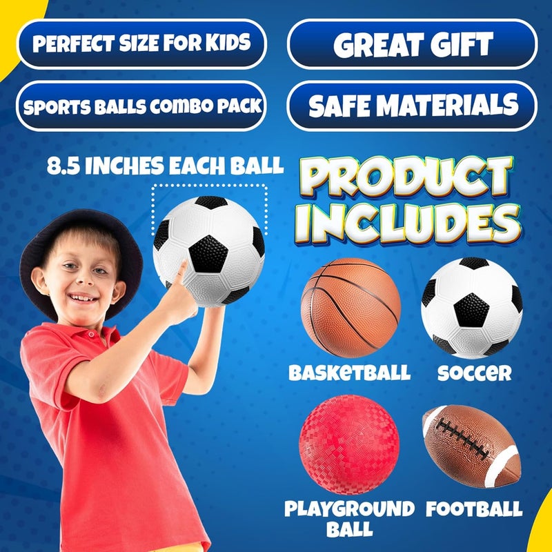 PlayBolt 8.5” Sports Balls for Kids & Toddlers - (Pack of 4) Rubber Inflatable Multi-Sport Ball Set - Football, Soccer Ball, Basketball, Playground Ball & Pump - Birthday Gift Toys for Boys & Girls - Image 3