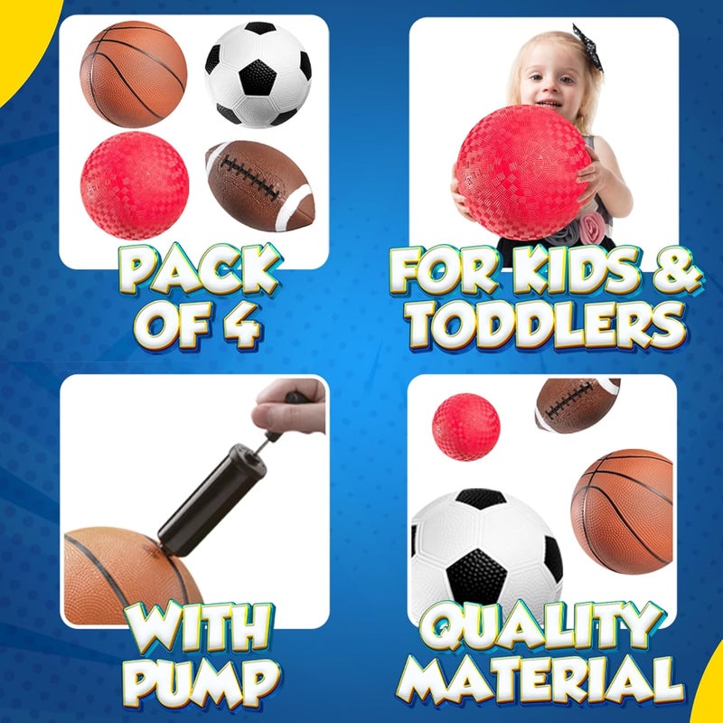 PlayBolt 8.5” Sports Balls for Kids & Toddlers - (Pack of 4) Rubber Inflatable Multi-Sport Ball Set - Football, Soccer Ball, Basketball, Playground Ball & Pump - Birthday Gift Toys for Boys & Girls - Image 5