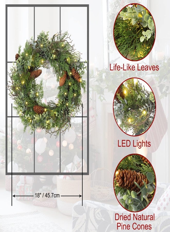 DILATATA Pre Lit Christmas Wreath for Front Door Green Wreath Decorated with Pine Cones,Berry Clusters, Abundant Fit Branches 18” Lighted Christmas Wreaths for Windows Winter Wreath Hanging Wall Decor - Image 3