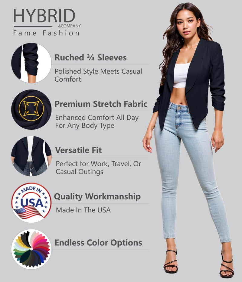 Hybrid & Company Lightweight Open Front Cardigan Classic Ruched Sleeve Work Office Blazer Suit Jackets JK1133 Navy Medium - Image 3
