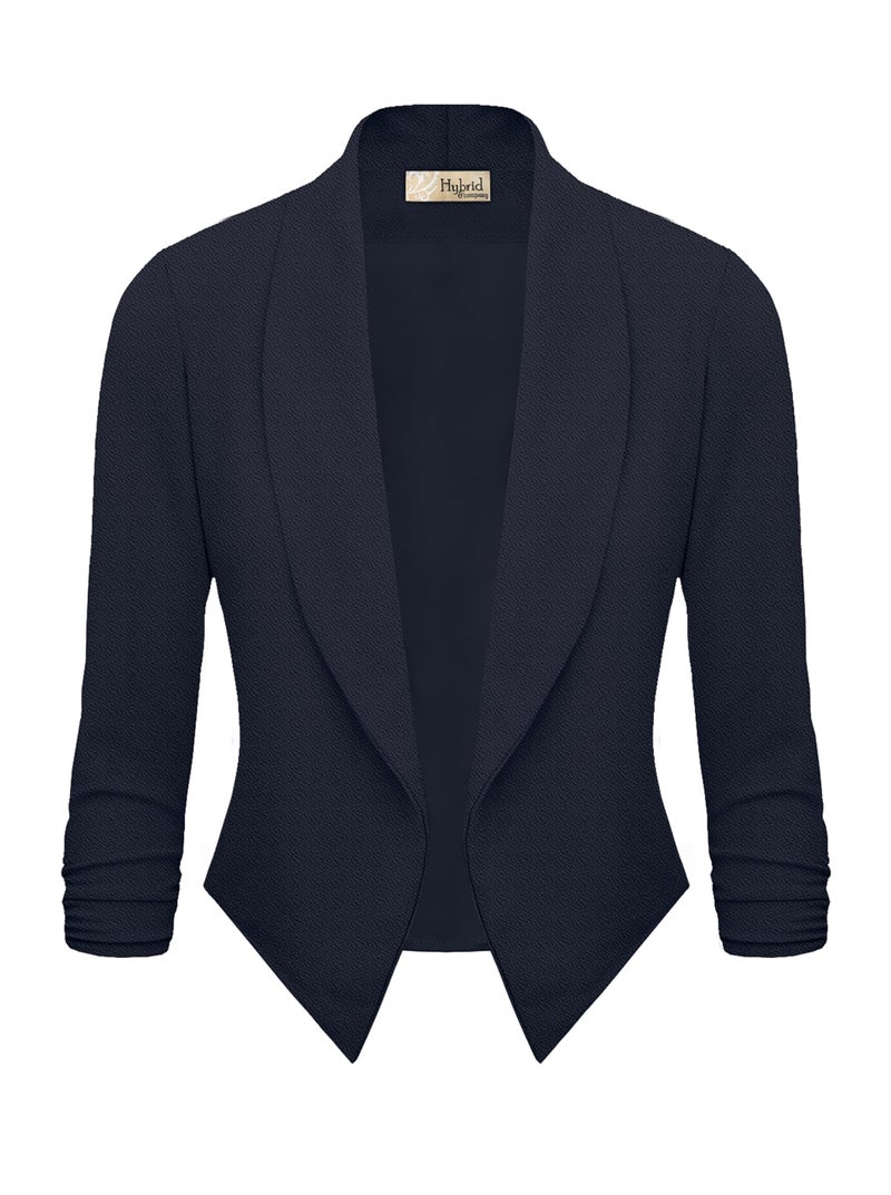 Hybrid & Company Lightweight Open Front Cardigan Classic Ruched Sleeve Work Office Blazer Suit Jackets JK1133 Navy Medium - Image 2