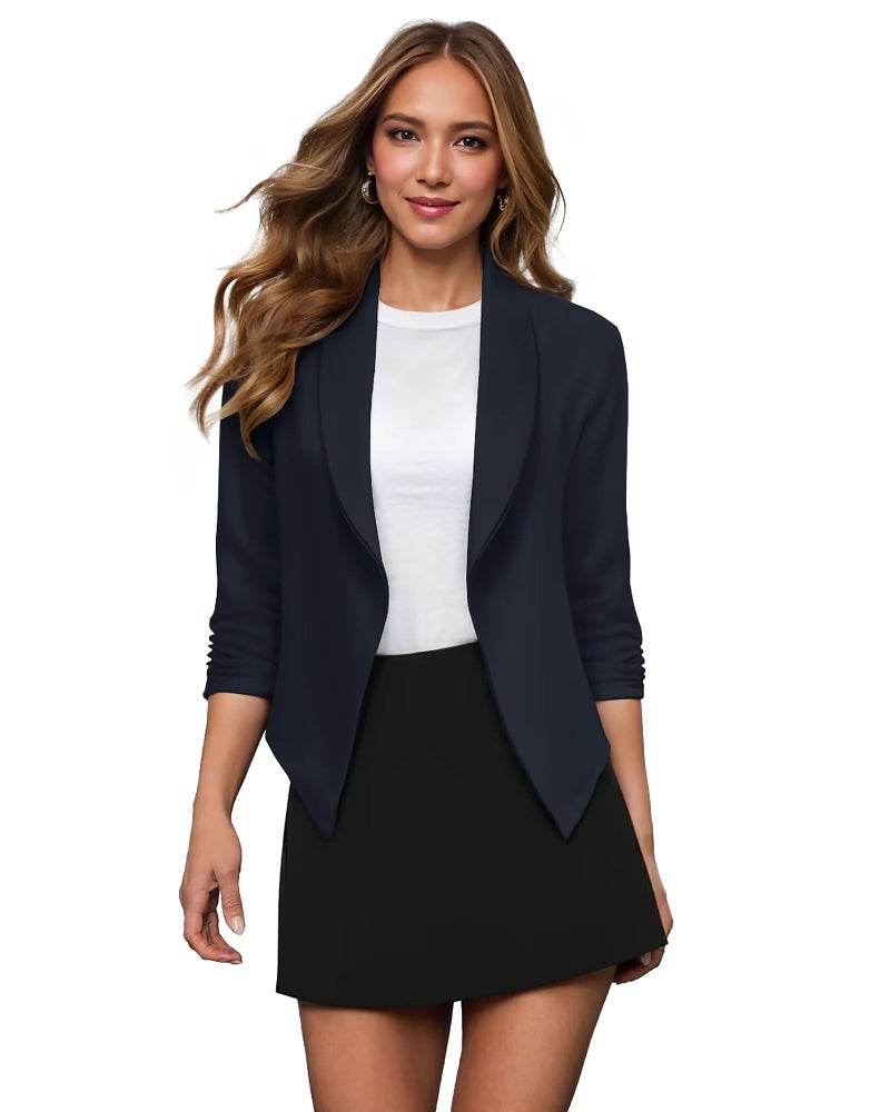 Hybrid & Company Lightweight Open Front Cardigan Classic Ruched Sleeve Work Office Blazer Suit Jackets JK1133 Navy Medium - Image 1