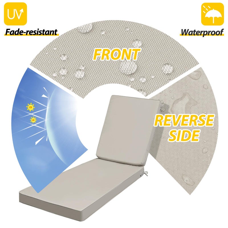 AAAAAcessories Outdoor Chaise Lounge Cushions, Fade-Resistant, Waterproof Patio Furniture Replacement Cushions, 72" x 21" x 3", Beige - Image 2