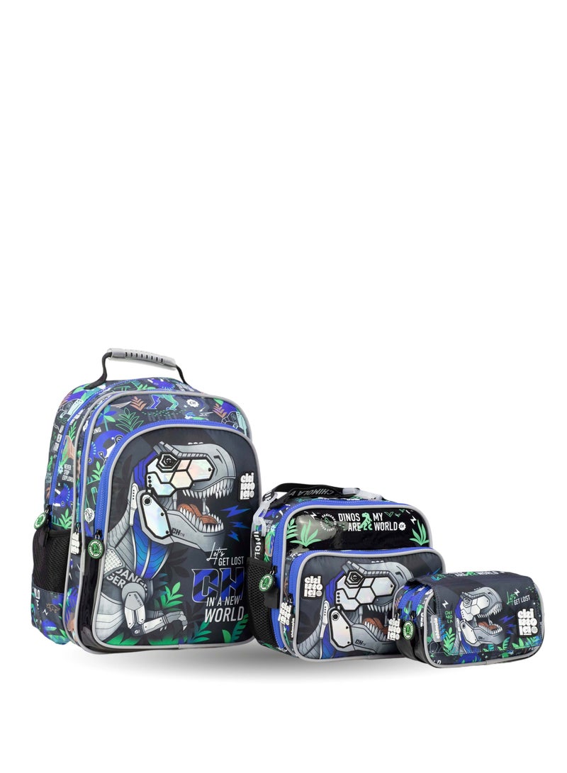 Fantastic MM056 Chimola School Backpack with Lunch Bag and Pencil Case, Dinosaur Design, Blue and Green - Image 1