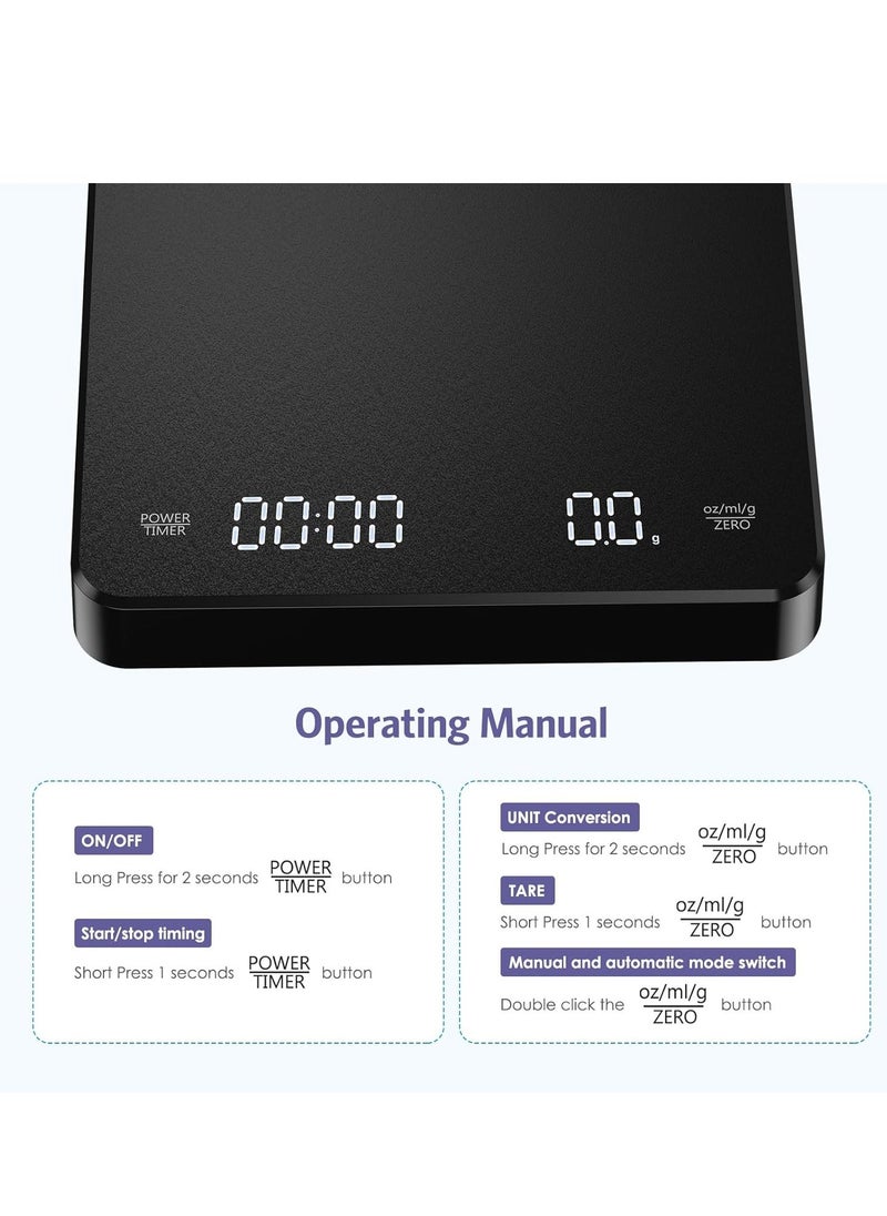 Hihonor - Digital Coffee Scale with Timer, 6.6 lbs USB Rechargeable Drip Espresso Scale with Auto Tare, Food Scale with HD LED Screen, Pour Over and Drip Coffee Scale 0.1g Precision, Touch Button, g/oz/ml - Image 1
