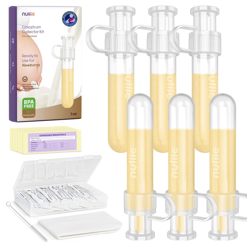 Nuliie Colostrum Collector Kit 7ml/6pcs, Leakproof, Reusable Breast Milk Collector, Heat & Freezer Resistant, BPA-Free, With Cotton Cloth Wipe, Storage Case, Cleaning Brush - Ready-to-Use for Newborns - Image 1