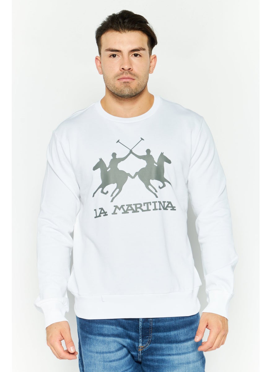 La Martina Men Crew Neck Long Sleeve Brand Logo Sweatshirt, White  - Image 1