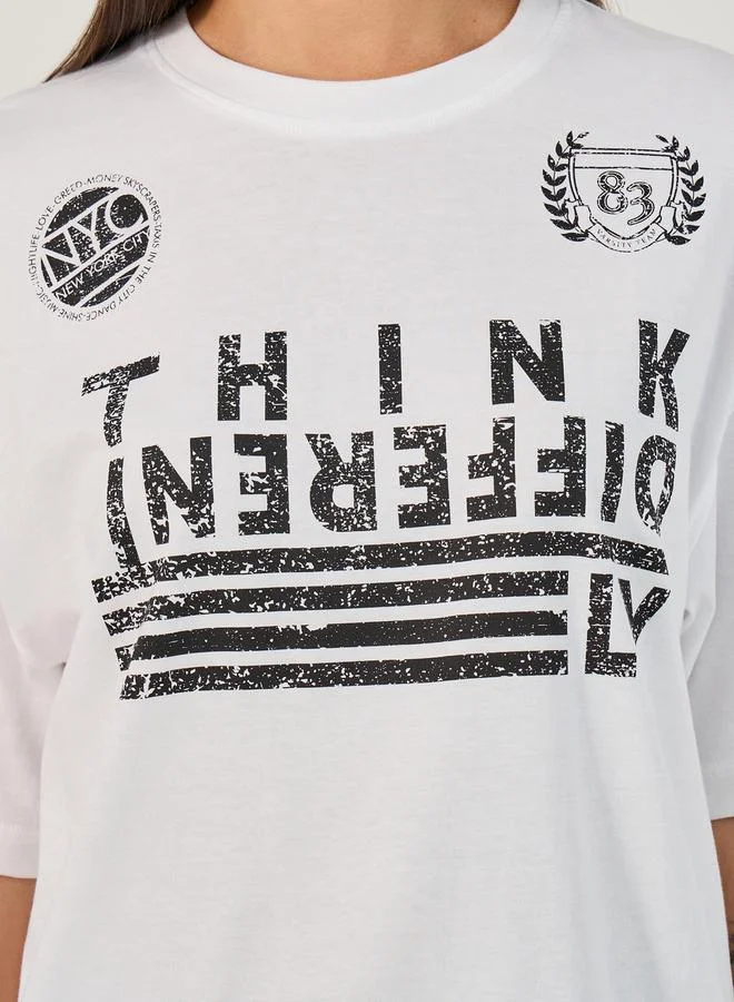 Styli Slogan Printed Oversized Round Neck T-Shirt