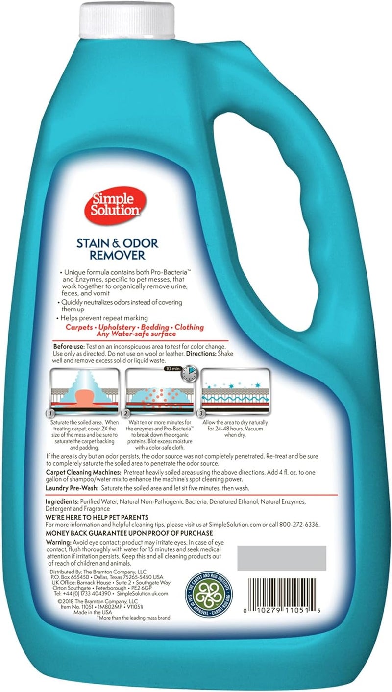 Simple Solution Stain and Odor Eliminator Spray for Dogs & Cats, Enzyme Cleaner With 2X Pro-Bacteria Cleaning Power, Strong Smell Remover for Carpets, Upholstery & Floors, 1 Gallon - Image 2