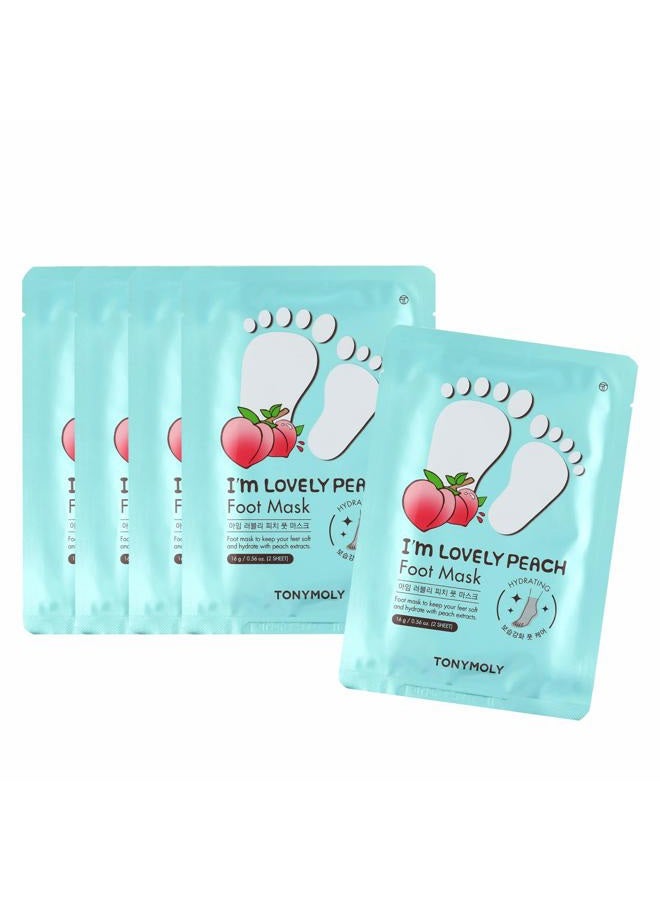 TONYMOLY I'm Lovely Peach Foot Mask – 5-Count Hydrating & Soothing Korean Foot Mask with Peach & Honeysuckle Extracts for Soft, Rejuvenated Feet - Image 1