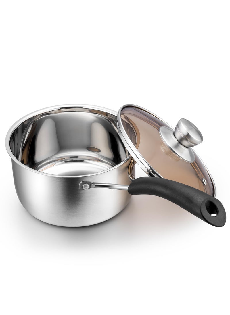 P&P CHEF PP CHEF 2QT Saucepan with Lid Stainless Steel Saucepan Small Sauce Pan for Kitchen Cooking SoupMilkEggsNoodles Visible Glass lid  Bakelite HeatProof Handles Dishwasher Safe  Healthy 