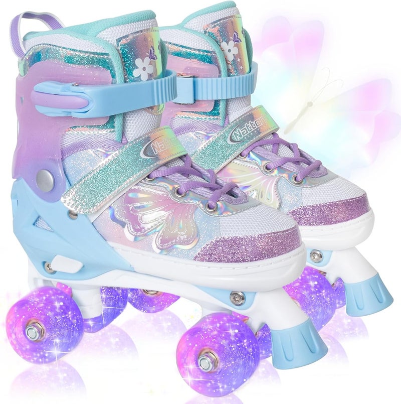 Nattork Kids Roller Skates for Girls Boys Kids 4 Sizes Adjustable Quad Skates Butterfly and Flower with Light up Wheels Birthday Gift for Indoor Outdoor Sports - Image 1
