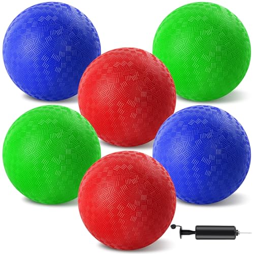 HSLCGF 6 Pcs Dodgeballs 8.5 Inch Playground Ball 3 Colour Kickball Inflatable Rubber Handball Bouncy Dodge Ball with 1 Hand Pump for Outdoors Games Gym Camps Picnic (Needle is at The Top of the Pump) - Image 1