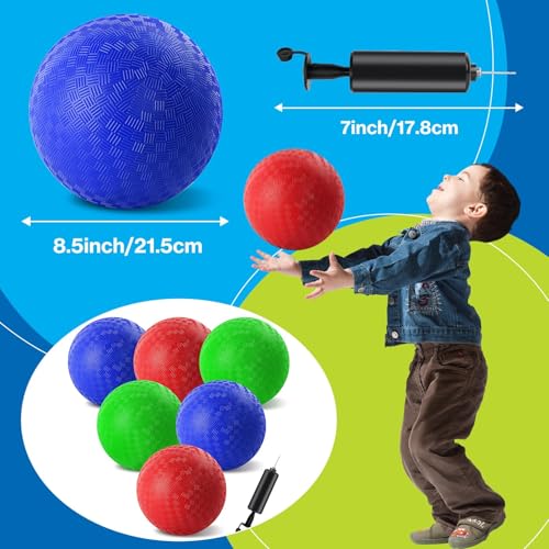 HSLCGF 6 Pcs Dodgeballs 8.5 Inch Playground Ball 3 Colour Kickball Inflatable Rubber Handball Bouncy Dodge Ball with 1 Hand Pump for Outdoors Games Gym Camps Picnic (Needle is at The Top of the Pump) - Image 2