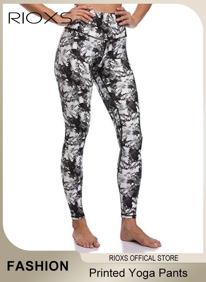 RIOXS Women's High Waisted Leggings,Exercise Yoga Pants With Side Pockets,Printed Skinny Yoga Pants,Stretchy Leggings Lifting Pants For Women Ladies Running Workout Pamela  - Image 1